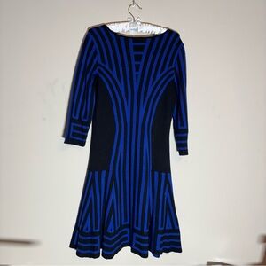Gabby Skye Womens Blue Black Geometric Graphic Knit Fit Flare Dress Size M